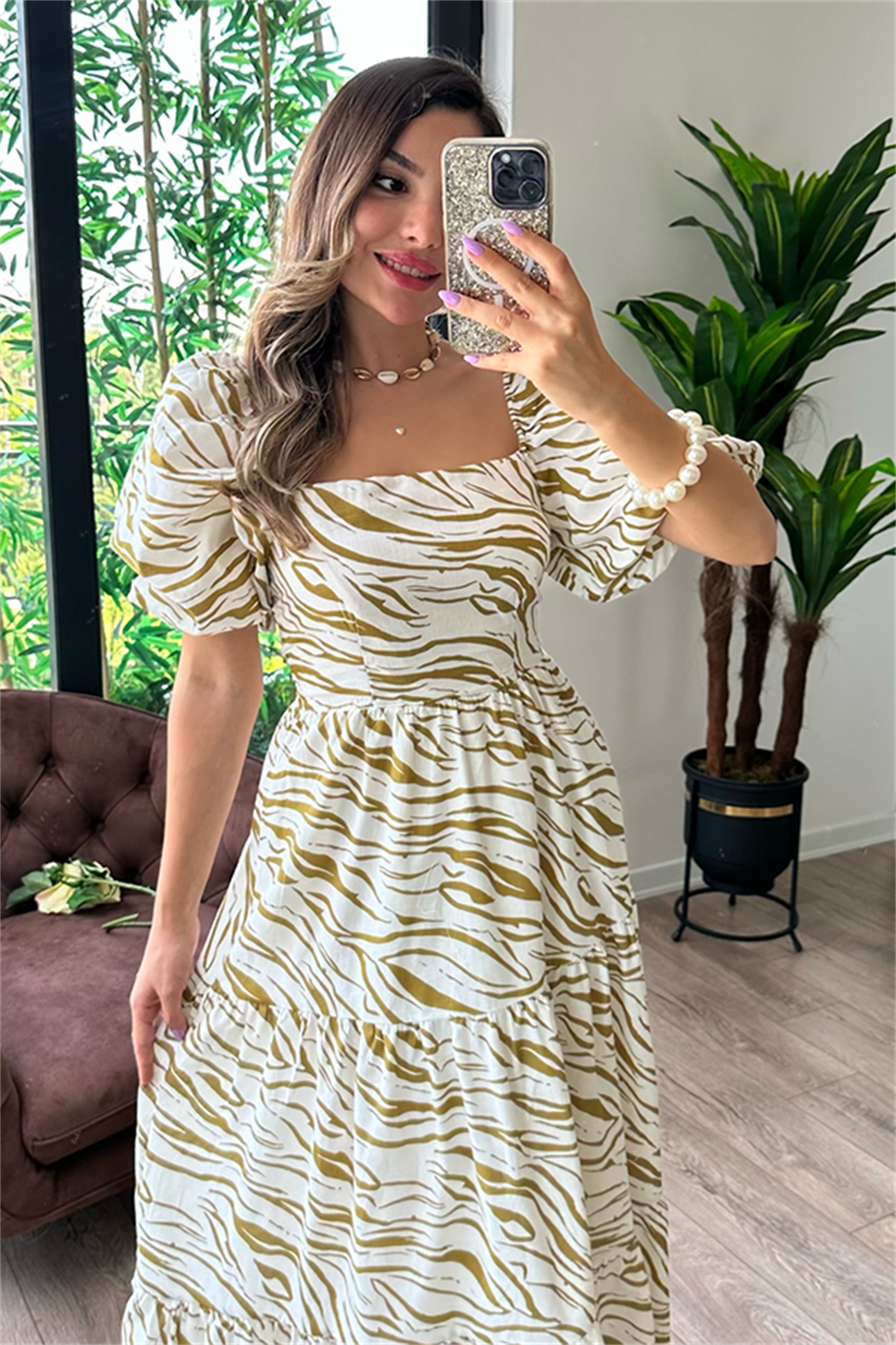 Zebra desen yağ yeşili balon kol elbise