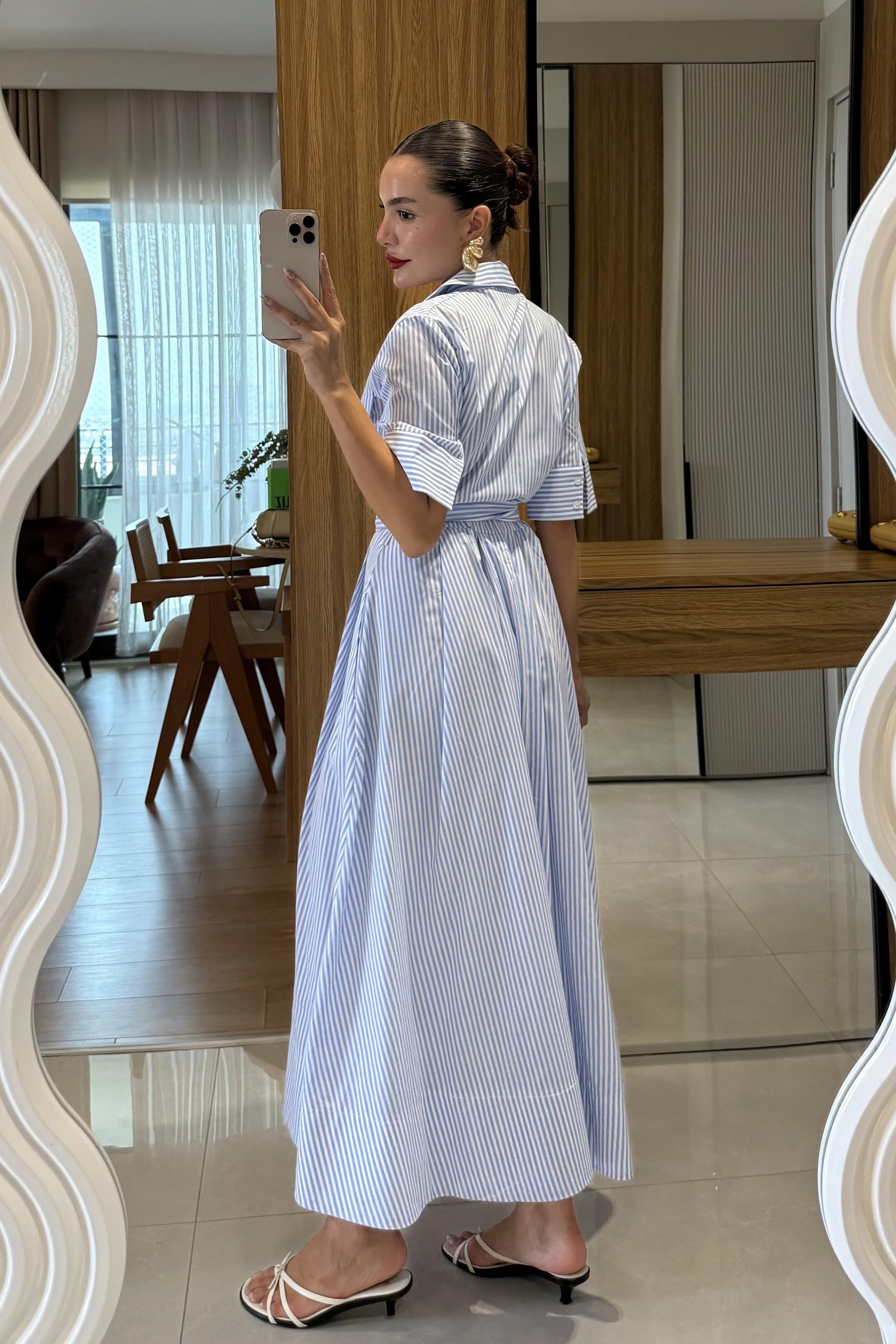 Zelinda Mavi Çizgili Gömlek Yaka Uzun Elbise