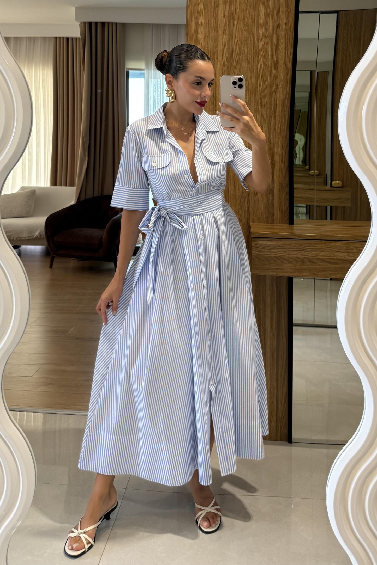 Zelinda Mavi Çizgili Gömlek Yaka Uzun Elbise