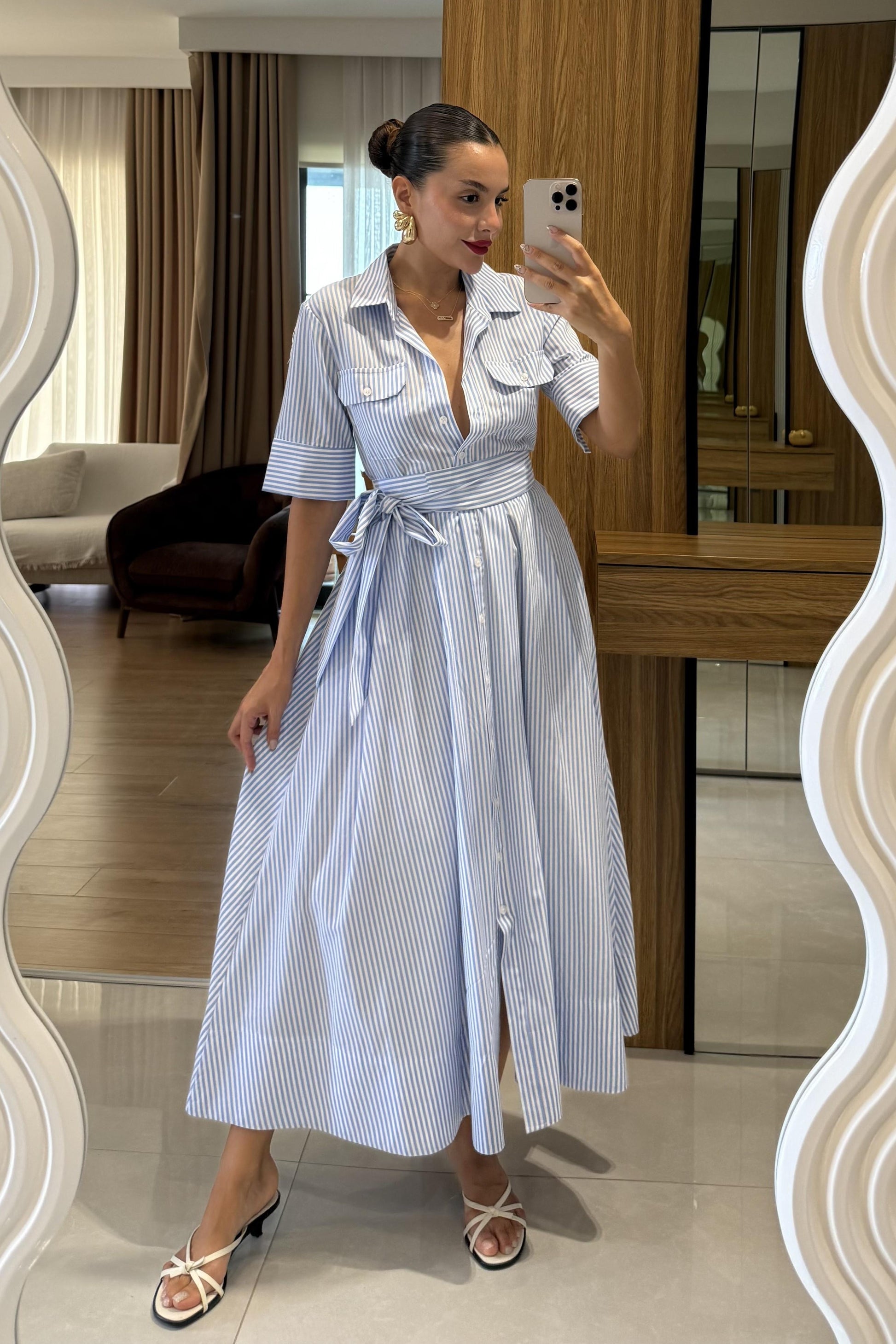 Zelinda Mavi Çizgili Gömlek Yaka Uzun Elbise