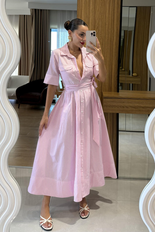 Zelinda Pembe Çizgili Gömlek Yaka Uzun Elbise