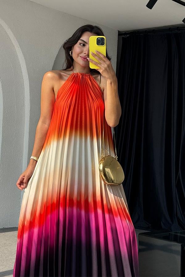 Zemira Halter Yaka Piliseli Renkli Elbise