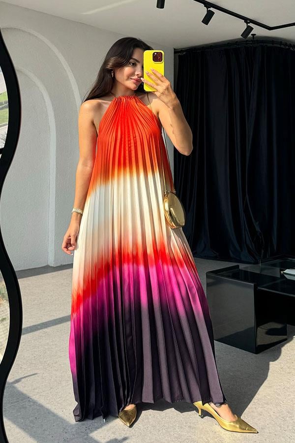 Zemira Halter Yaka Piliseli Renkli Elbise