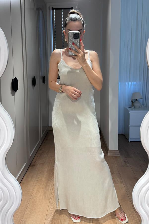 Zhan Parlak Dokulu Elbise - Krem