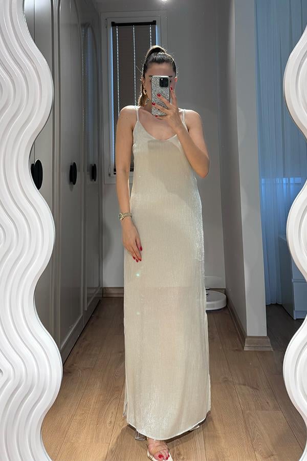 Zhan Parlak Dokulu Elbise - Krem