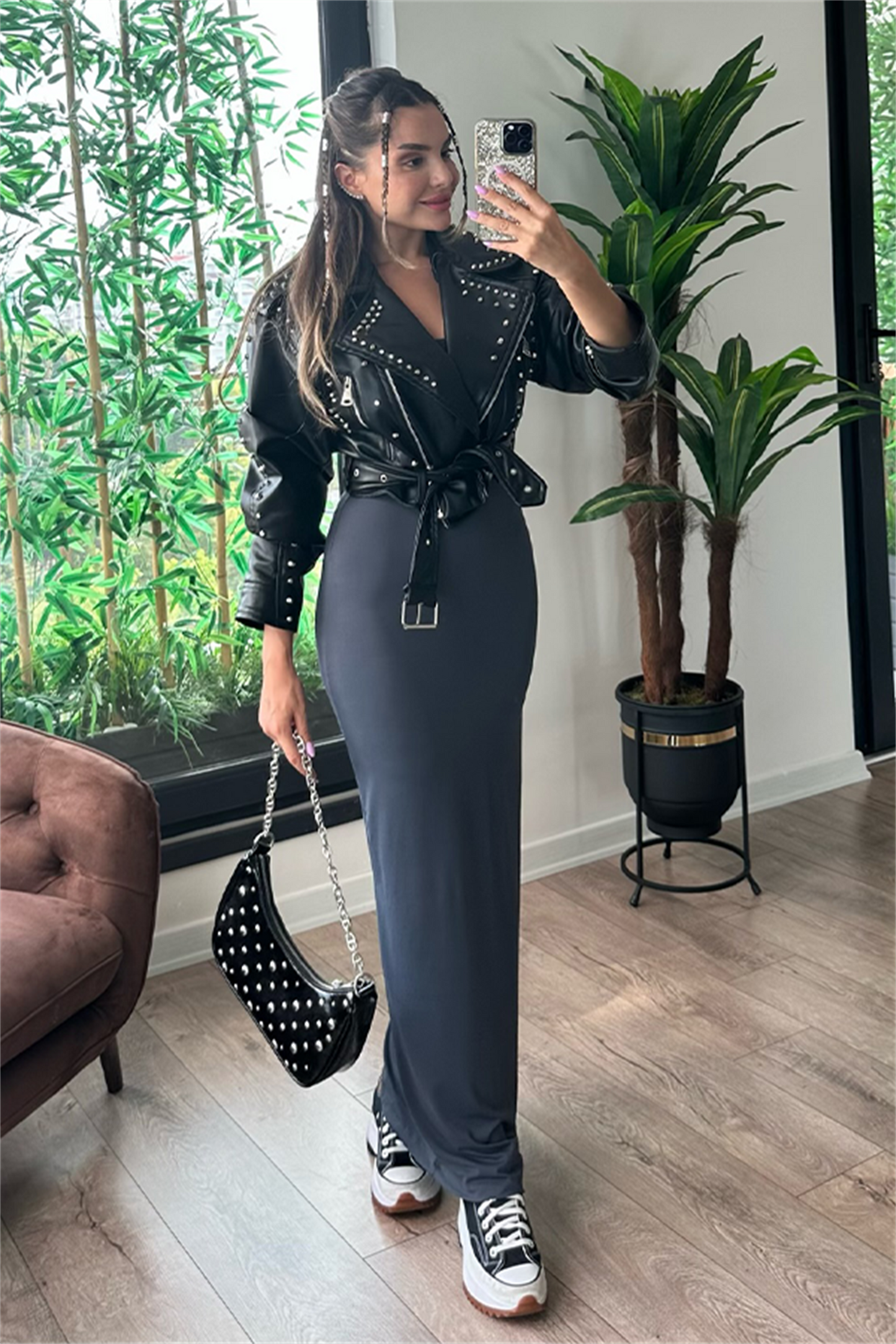 Zımba detaylı tasarım deri ceket