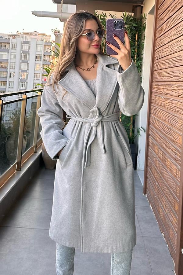 Zoe Yakalı Gri Kaban