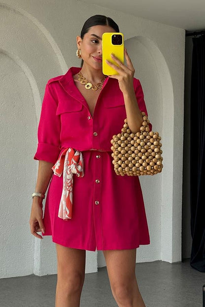 Zoey Kuşaklı Gömlek Elbise-Fuşya