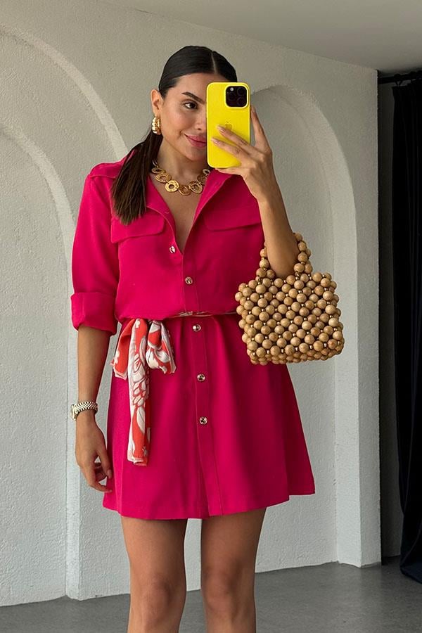 Zoey Kuşaklı Gömlek Elbise-Fuşya