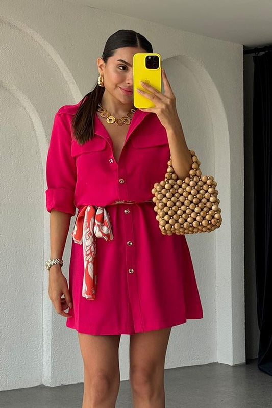 Zoey Kuşaklı Gömlek Elbise-Fuşya