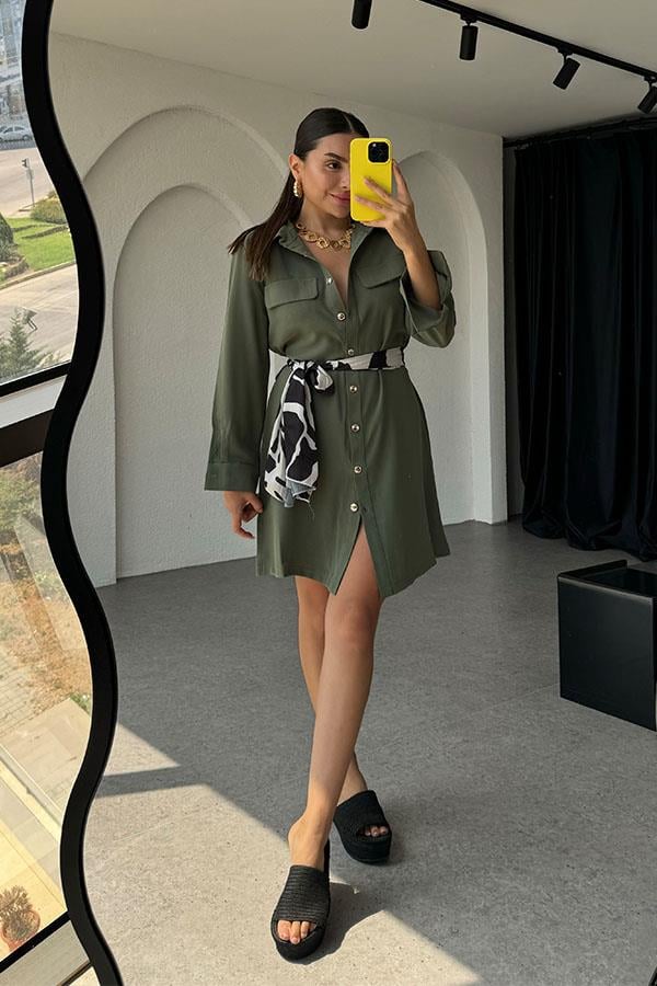Zoey Kuşaklı Gömlek Elbise-Haki