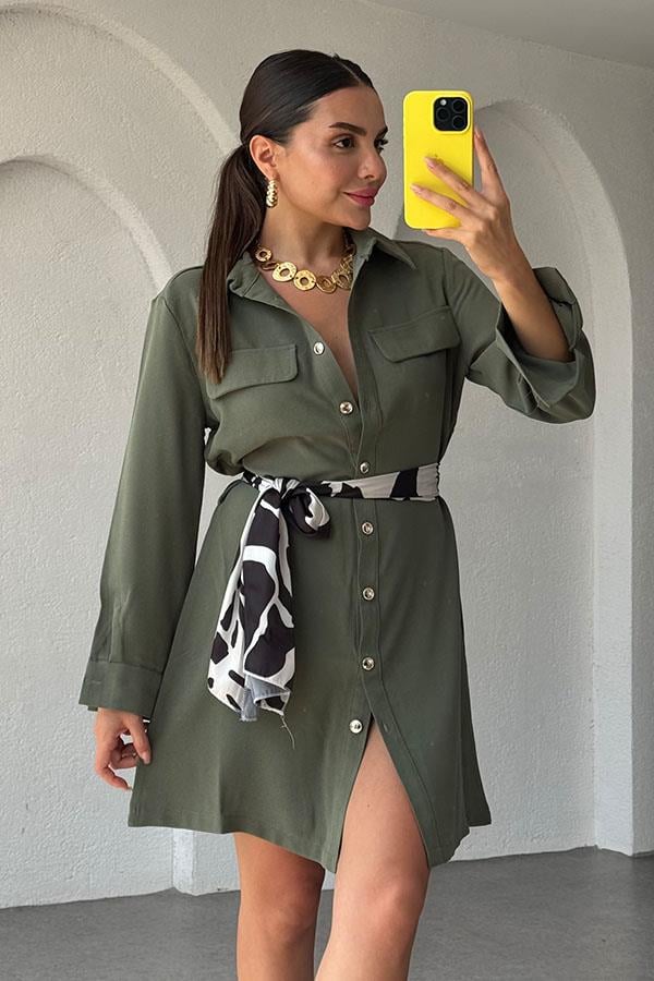 Zoey Kuşaklı Gömlek Elbise-Haki