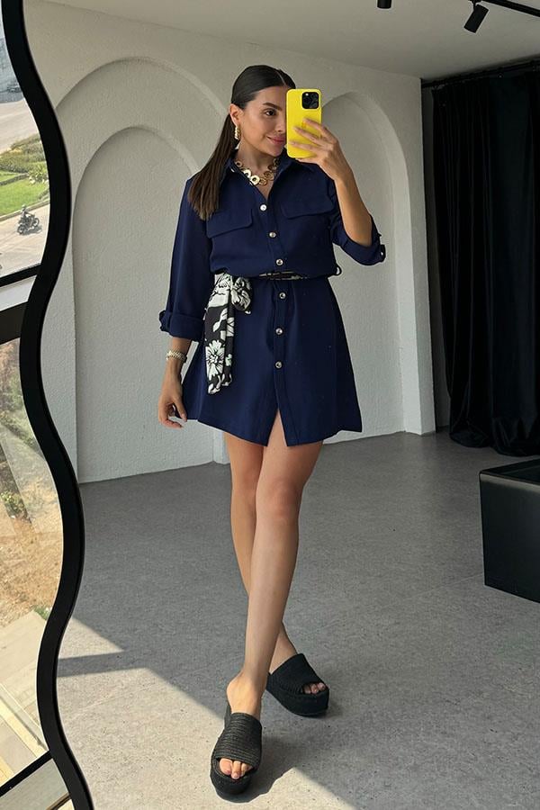 Zoey Kuşaklı Gömlek Elbise-Lacivert