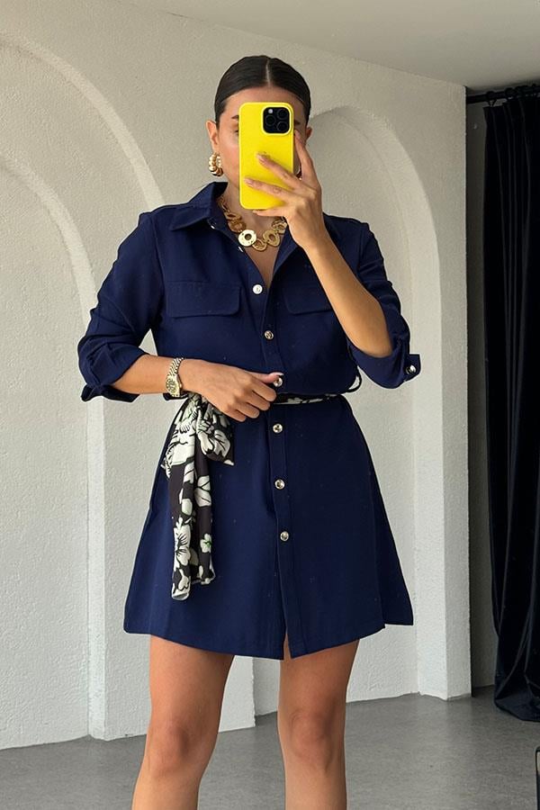 Zoey Kuşaklı Gömlek Elbise-Lacivert