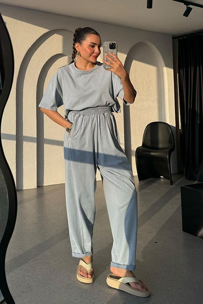 Zofia Şalvar Tshirt Yıkama Takım-Bebe Mavi