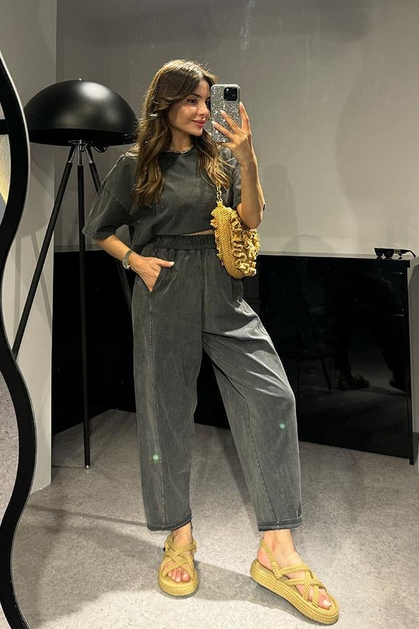 Zofia Şalvar Tshirt Yıkama Takım-Füme