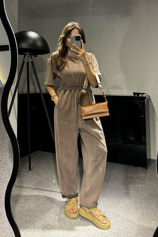 Zofia Şalvar Tshirt Yıkama Takım-Kahve