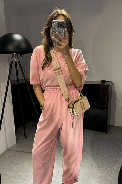 Zofia Şalvar Tshirt Yıkama Takım-Pembe