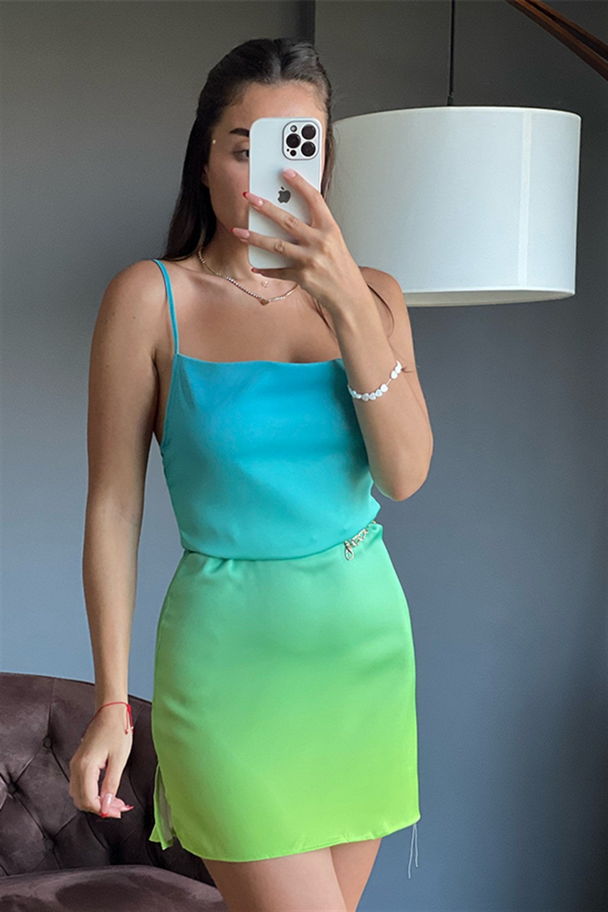 Zr model neon geçişli saten elbise