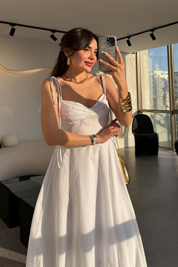 Zunana Poplin Kumaş Ayarlanabilir İp Askı Beyaz Elbise