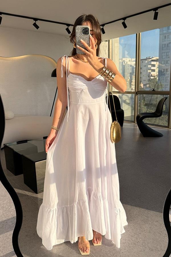 Zunana Poplin Kumaş Ayarlanabilir İp Askı Beyaz Elbise