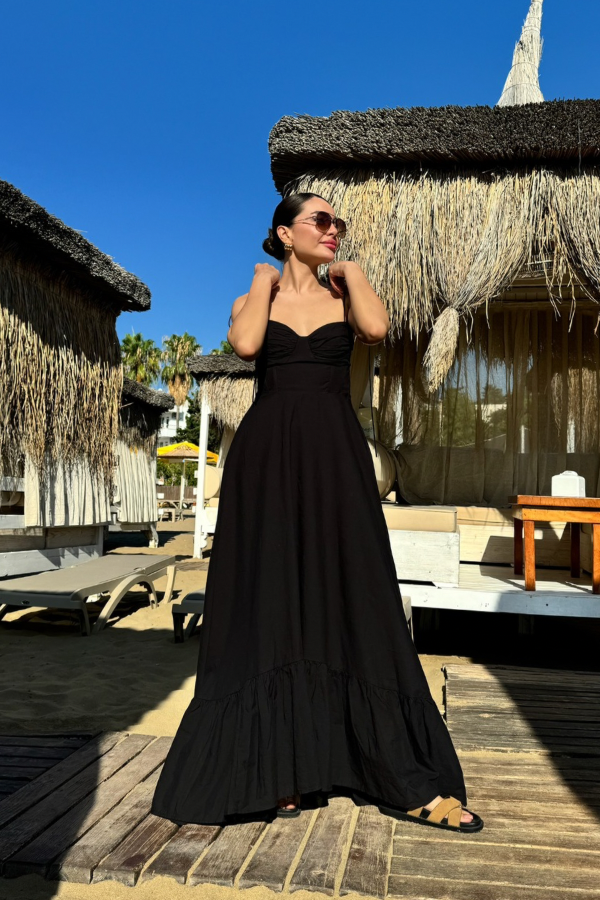 Zunana Poplin Kumaş Ayarlanabilir İp Askı Siyah Elbise