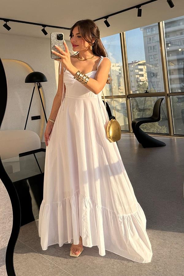 Zunana Poplin Kumaş Ayarlanabilir İp Askı Beyaz Elbise