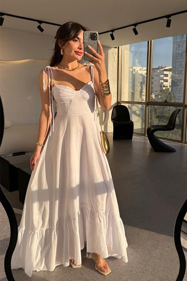 Zunana Poplin Kumaş Ayarlanabilir İp Askı Beyaz Elbise