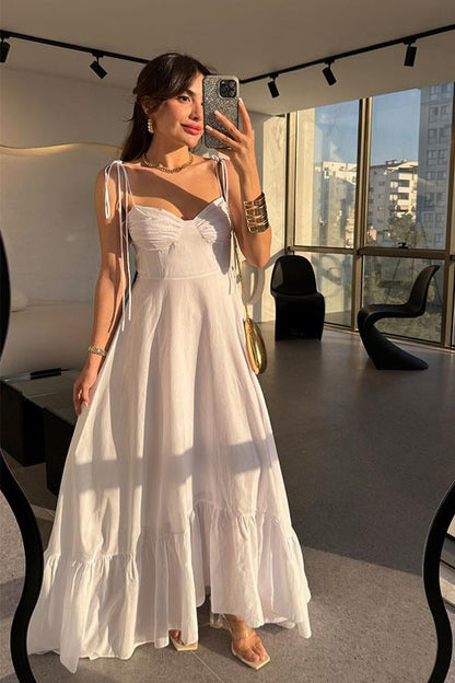 Zunana Poplin Kumaş Ayarlanabilir İp Askı Beyaz Elbise