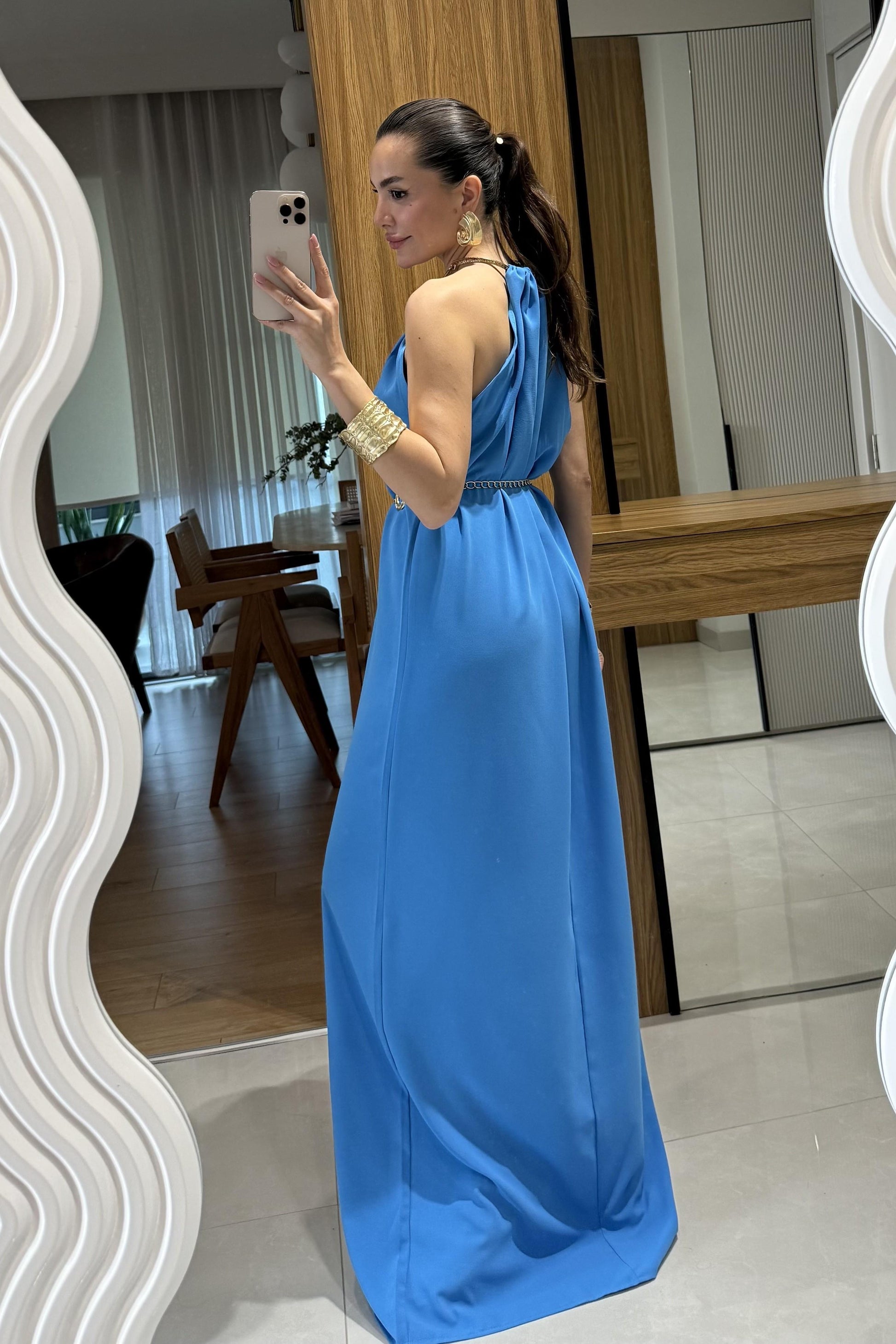 Zylen Mavi Boyundan Kolyeli Elbise