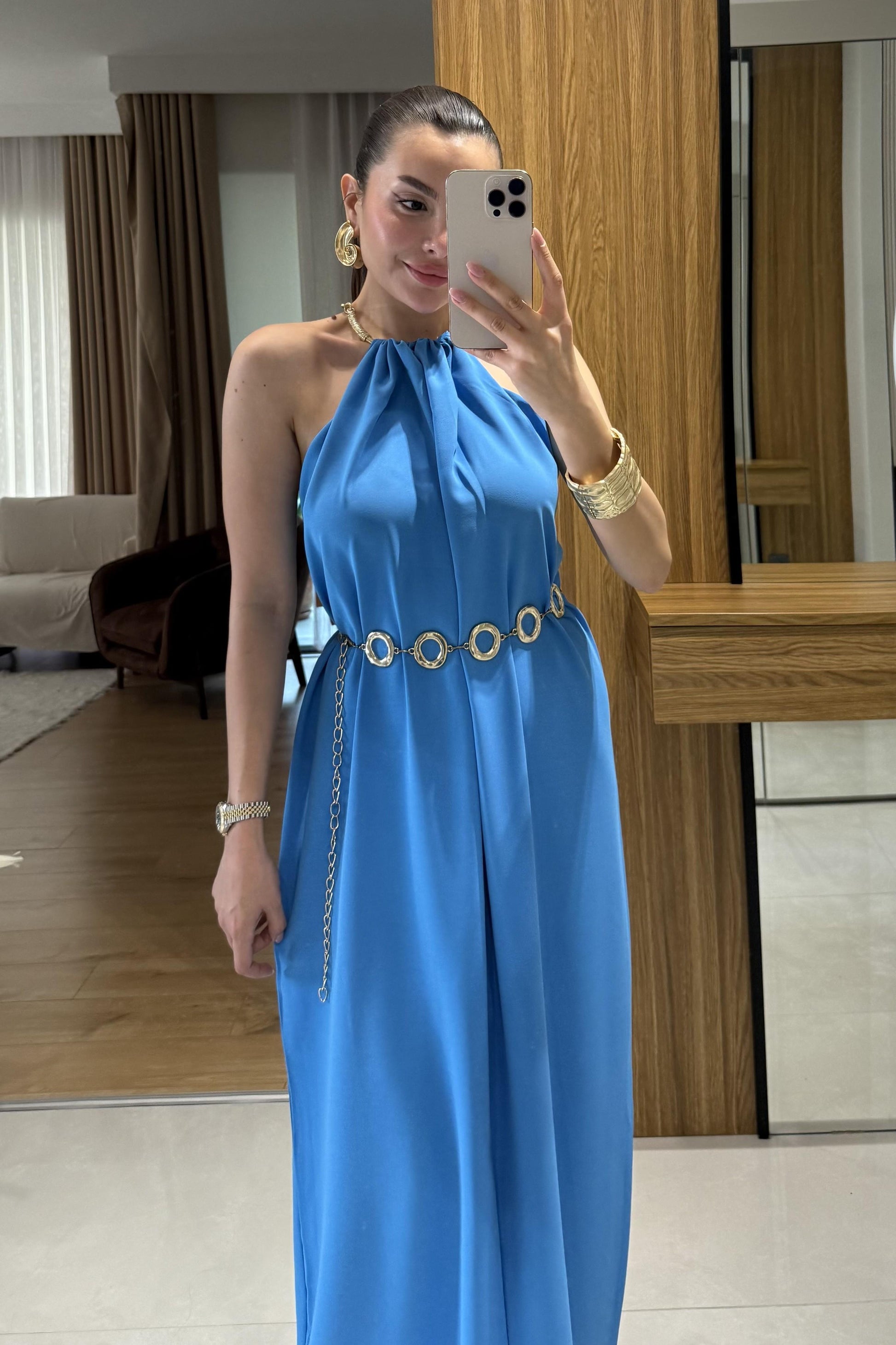 Zylen Mavi Boyundan Kolyeli Elbise