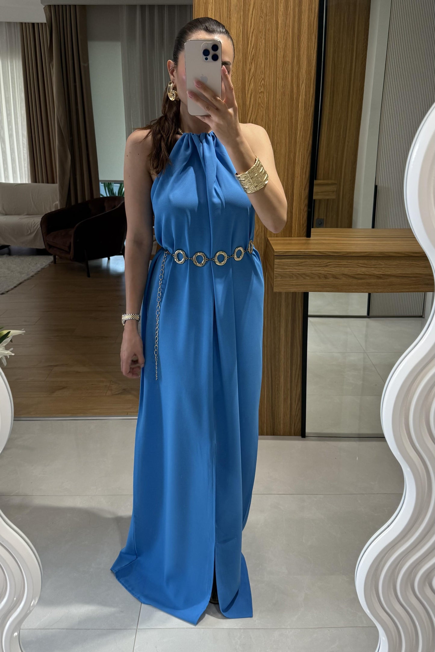 Zylen Mavi Boyundan Kolyeli Elbise