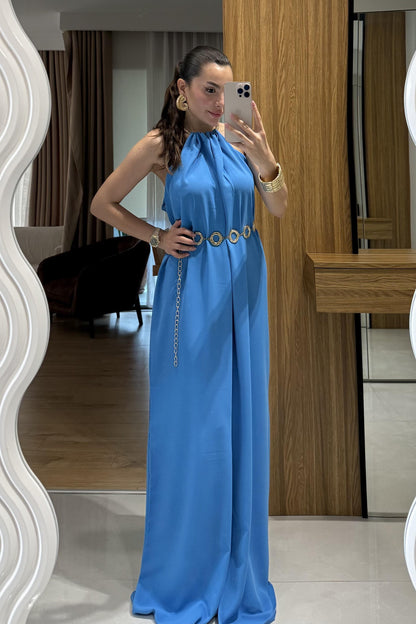 Zylen Mavi Boyundan Kolyeli Elbise