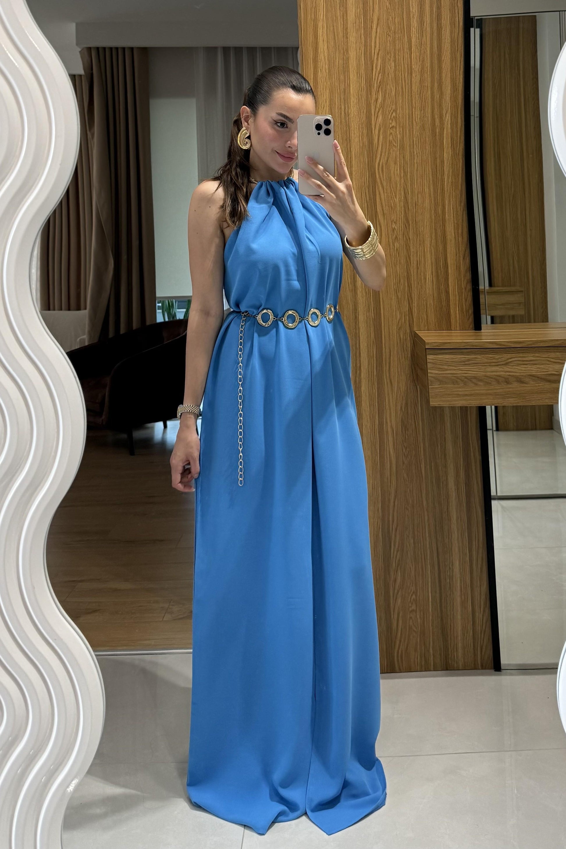 Zylen Mavi Boyundan Kolyeli Elbise