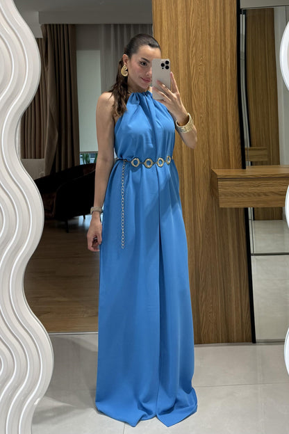 Zylen Mavi Boyundan Kolyeli Elbise