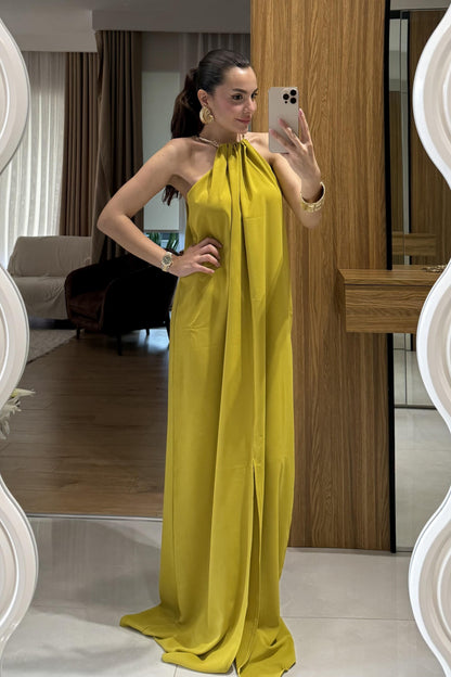 Zylen Yağ Yeşili Boyundan Kolyeli Elbise