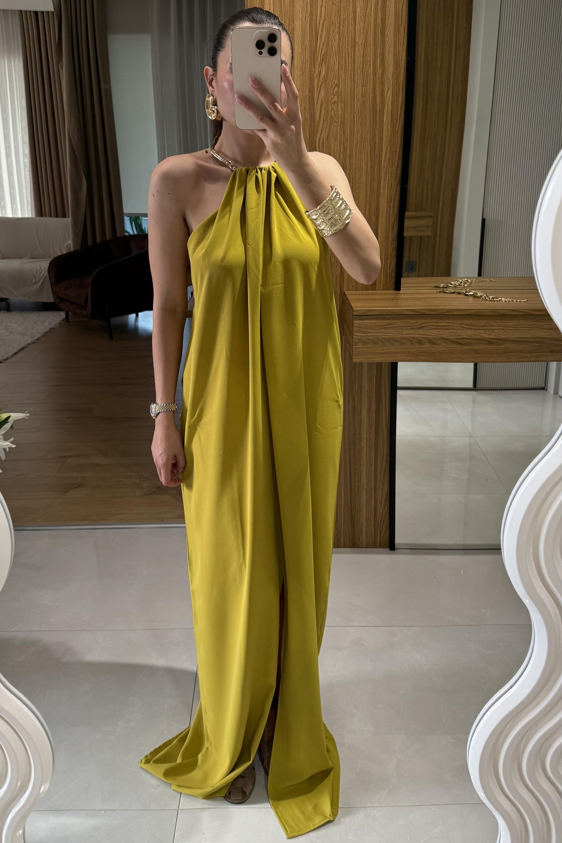 Zylen Yağ Yeşili Boyundan Kolyeli Elbise