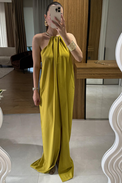 Zylen Yağ Yeşili Boyundan Kolyeli Elbise