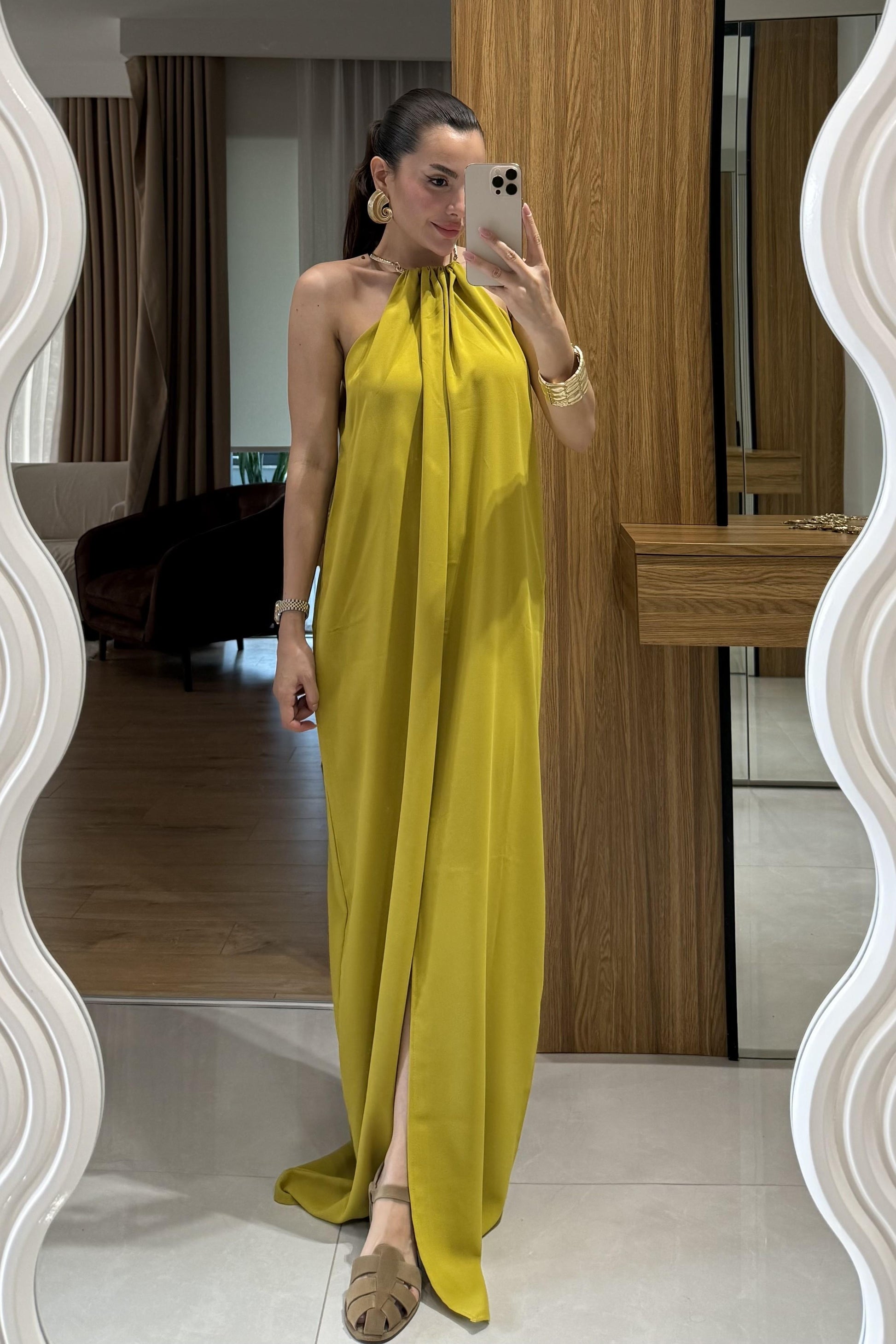 Zylen Yağ Yeşili Boyundan Kolyeli Elbise